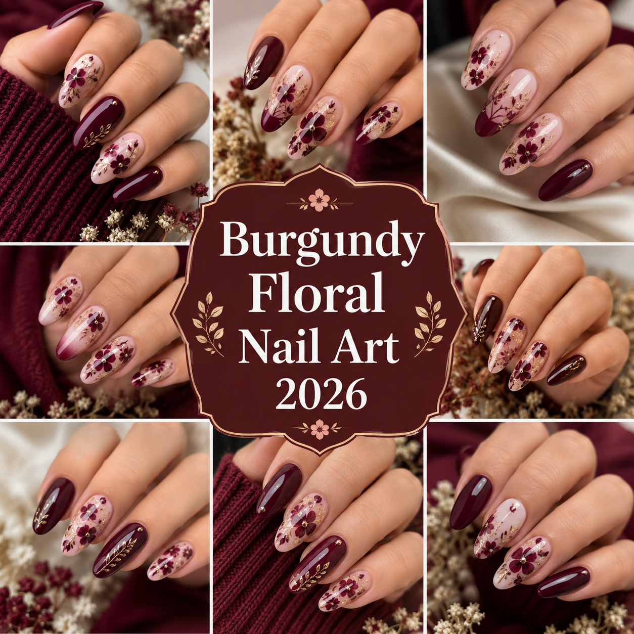 Burgundy Floral Nail Art